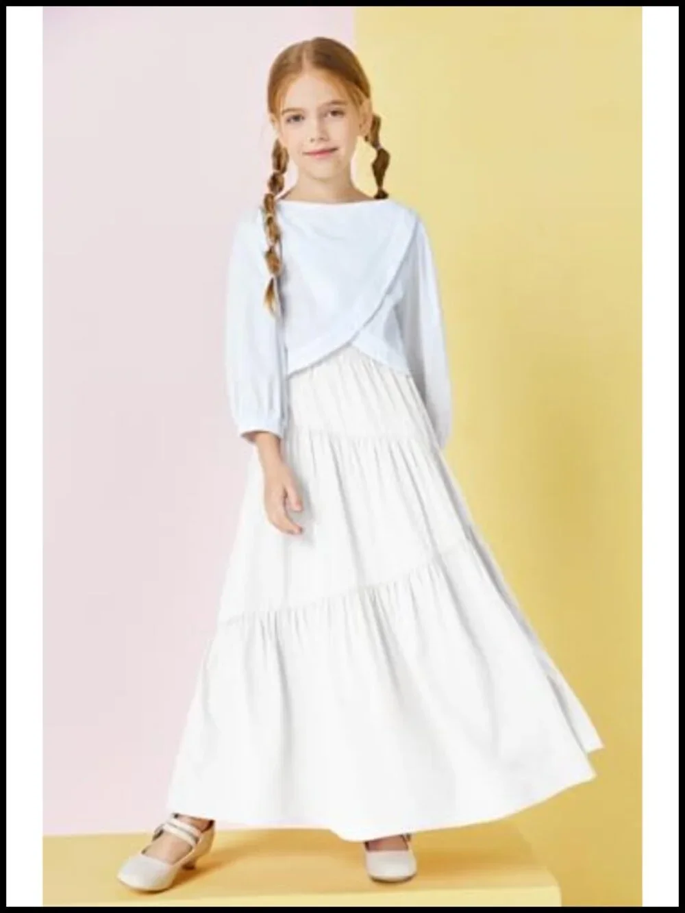 Girls Elastic Waist Maxi Skirt Tiered Pleated A-Line with Pockets